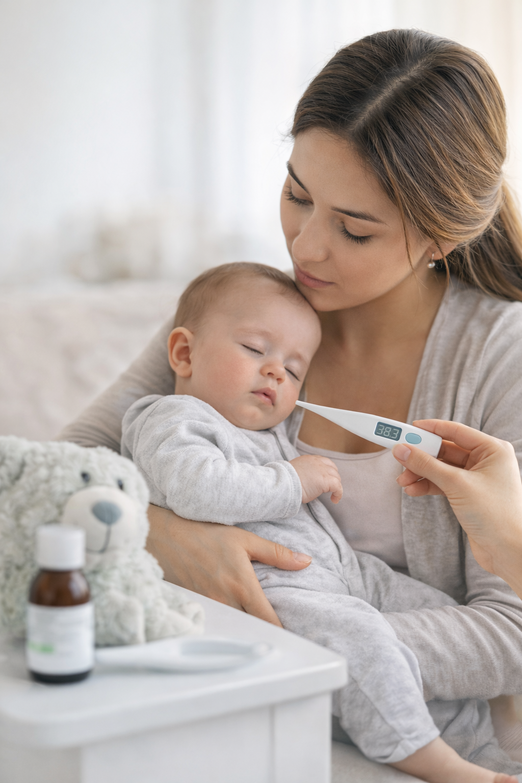 Fiebre en bebés: mamá tomando la temperatura a su bebé